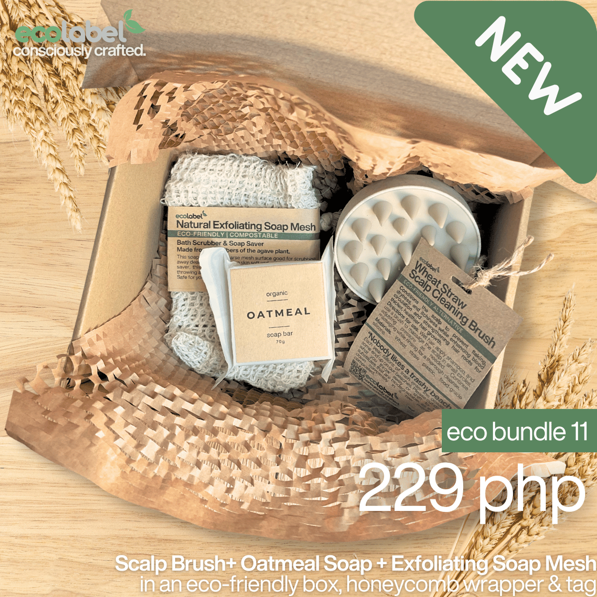 Eco Gift Bundle 11 | Wheat Scalp Brush + Natural Exfoliating Soap Mesh + Oatmeal Soap + eco-friendly box, honeycomb wrapper and gift tag