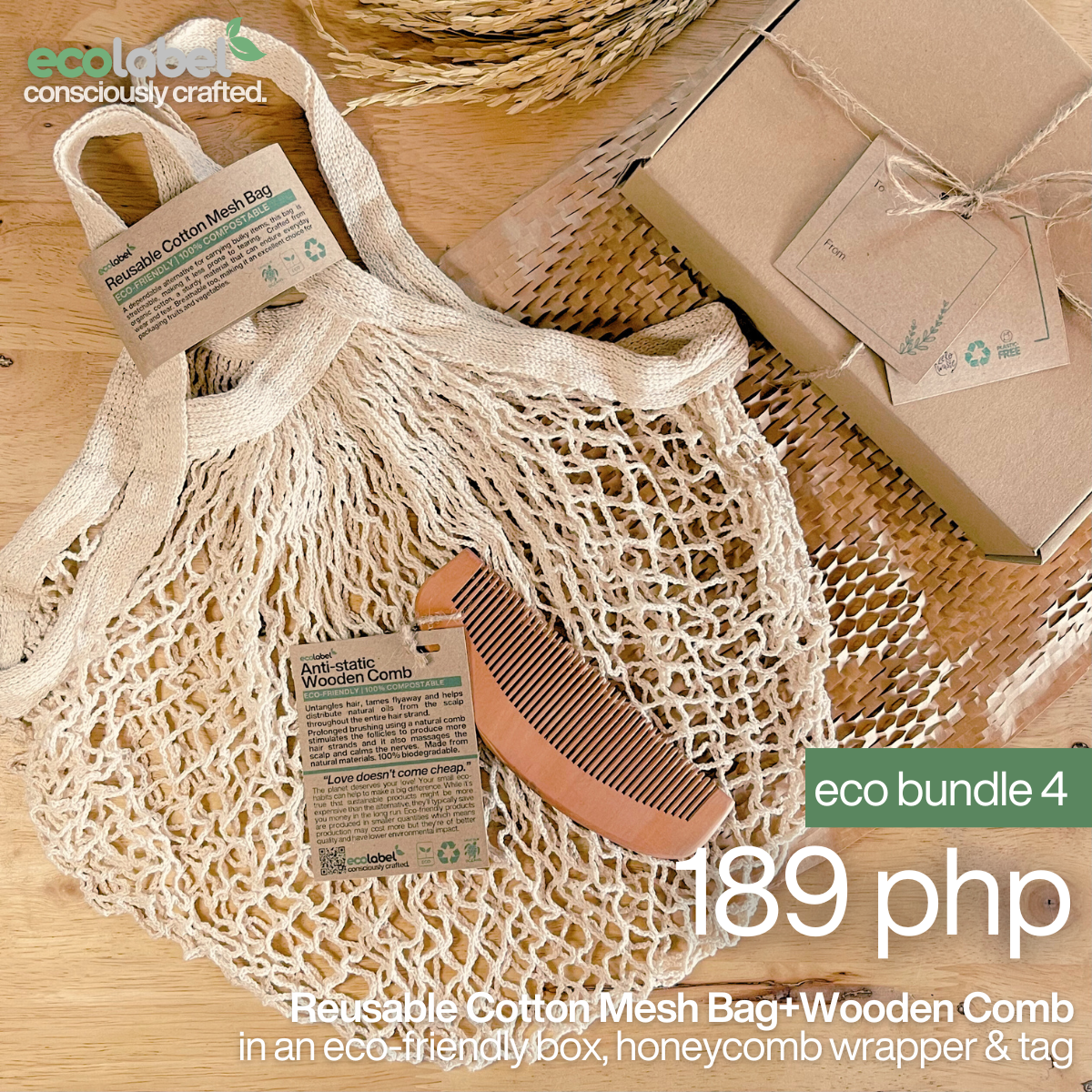 Eco Gift Bundle 4 | Reusable Cotton Mesh Bag + Anti-static Wooden Comb + eco-friendly box, honeycomb wrapper and gift tag