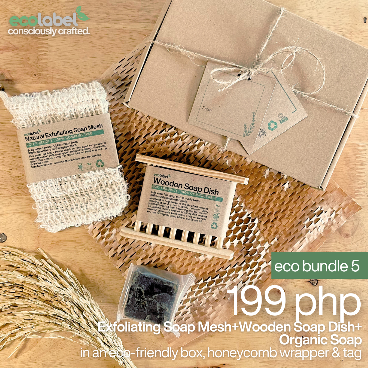 Eco Gift Bundle 5 | Natural Exfoliating Soap Mesh + Wooden Soap Dish +Organic Soap + eco-friendly box, honeycomb wrapper and gift tag