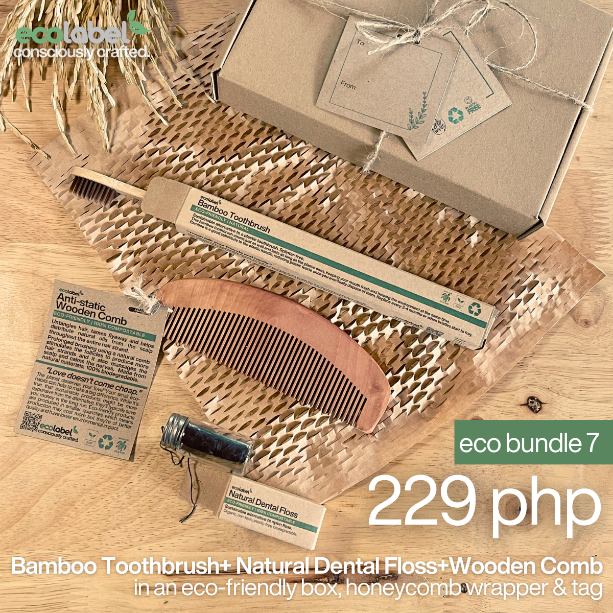 Eco Gift Bundle 7 | Bamboo Toothbrush + Natural Dental Floss + Anti-static Wooden Comb + eco-friendly box, honeycomb wrapper and gift tag