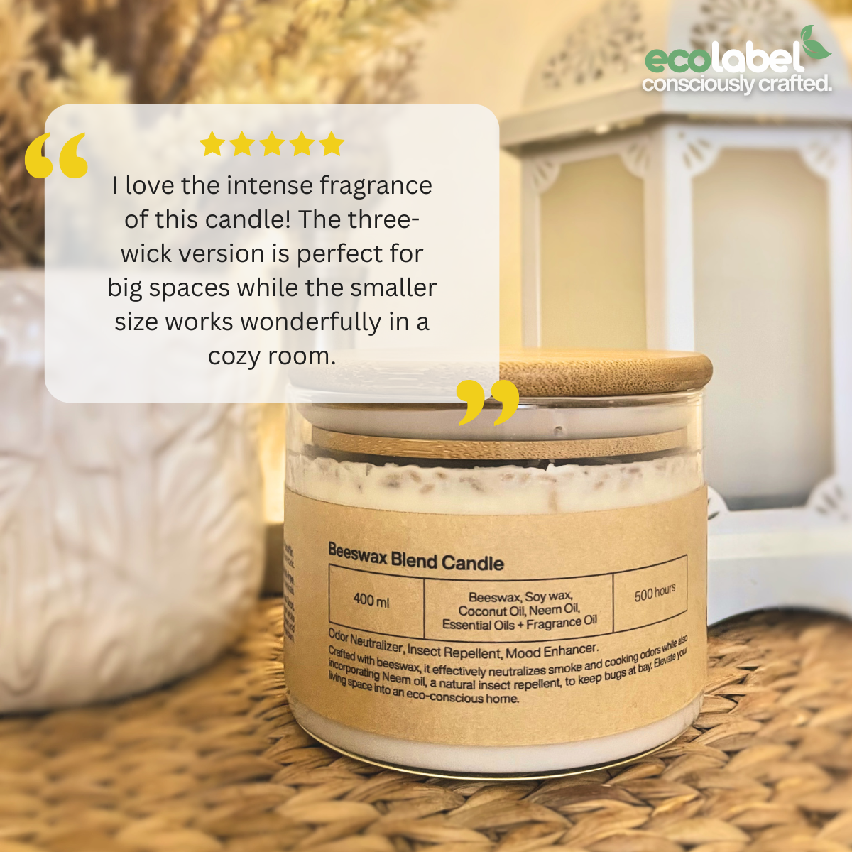 Natural Beeswax Blend 3-Wick Candle Beeswax + Soy wax Coconut Oil, Neem Oil, & Essential Oils