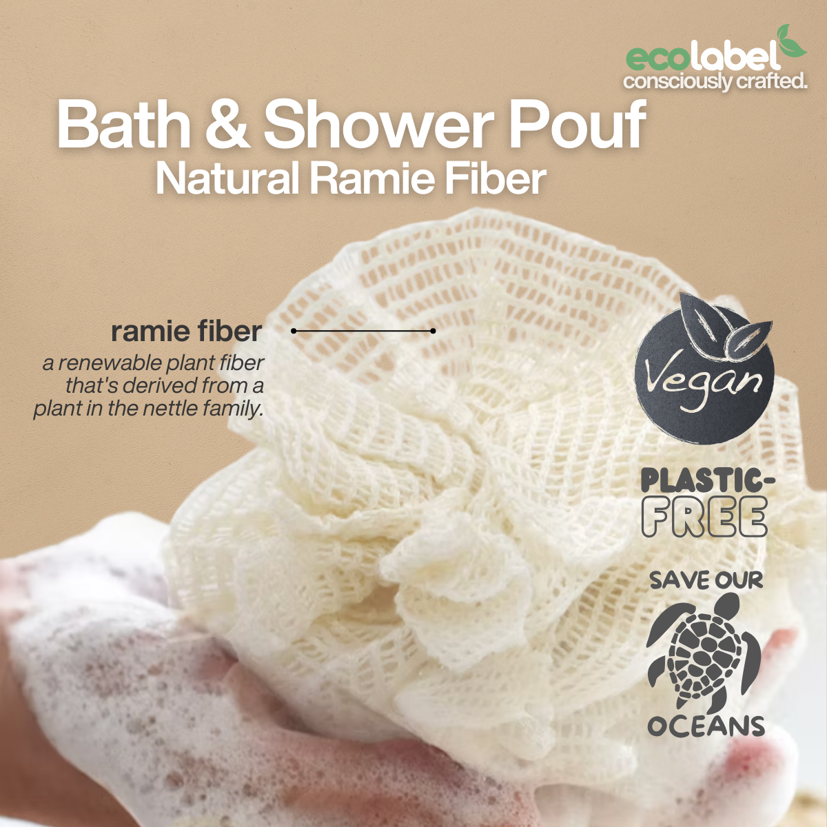 Biodegradable Natural Ramie Fiber Bath & Shower Pouf Exfoliating Scrubber