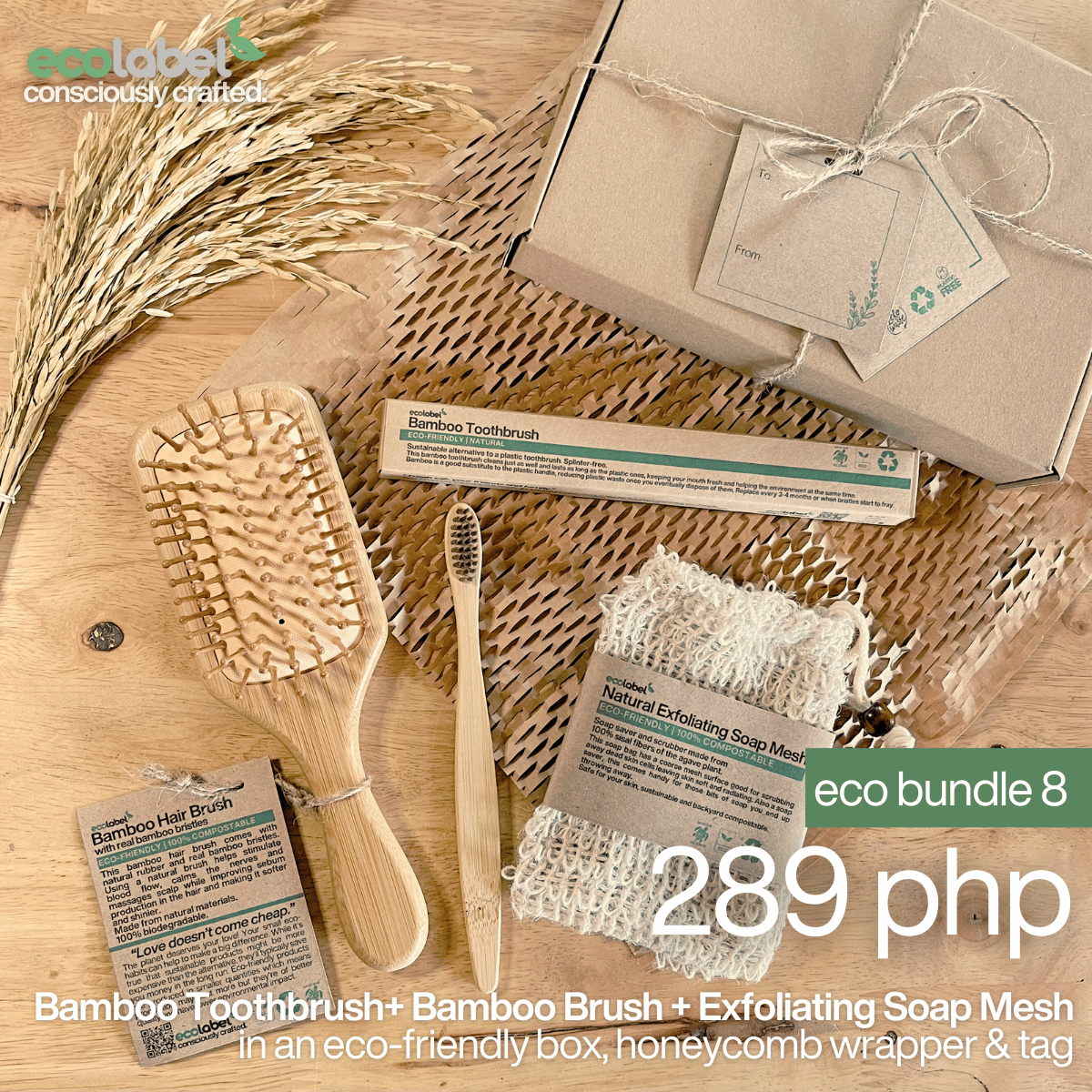 Eco Gift Bundle 8 | Bamboo Toothbrush + Natural Exfoliating Soap Mesh + Bamboo Hair Brush + eco-friendly box, honeycomb wrapper and gift tag