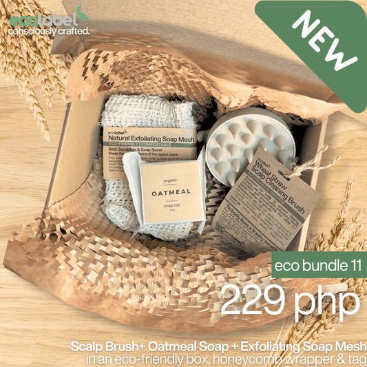 Eco Gift Bundle 11 | Wheat Scalp Brush + Natural Exfoliating Soap Mesh + Oatmeal Soap + eco-friendly box, honeycomb wrapper and gift tag