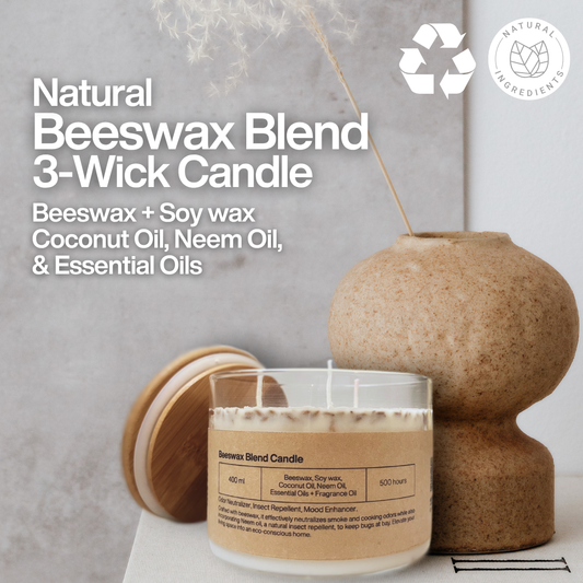 Natural Beeswax Blend 3-Wick Candle Beeswax + Soy wax Coconut Oil, Neem Oil, & Essential Oils