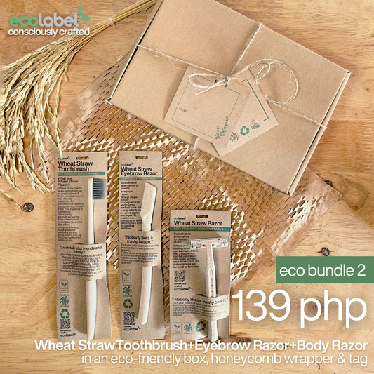 Eco Gift Bundle 2 | Wheat Straw Toothbrush + Wheat Straw Eyebrow Razor + Wheat Straw Razor + eco-friendly box, honeycomb wrapper and gift tag