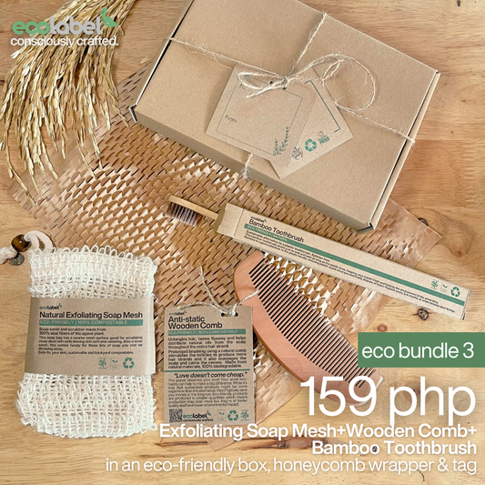 Eco Gift Bundle 3 | Natural Exfoliating Soap Mesh + Bamboo Toothbrush + Anti-static Wooden Comb + eco-friendly box, honeycomb wrapper and gift tag