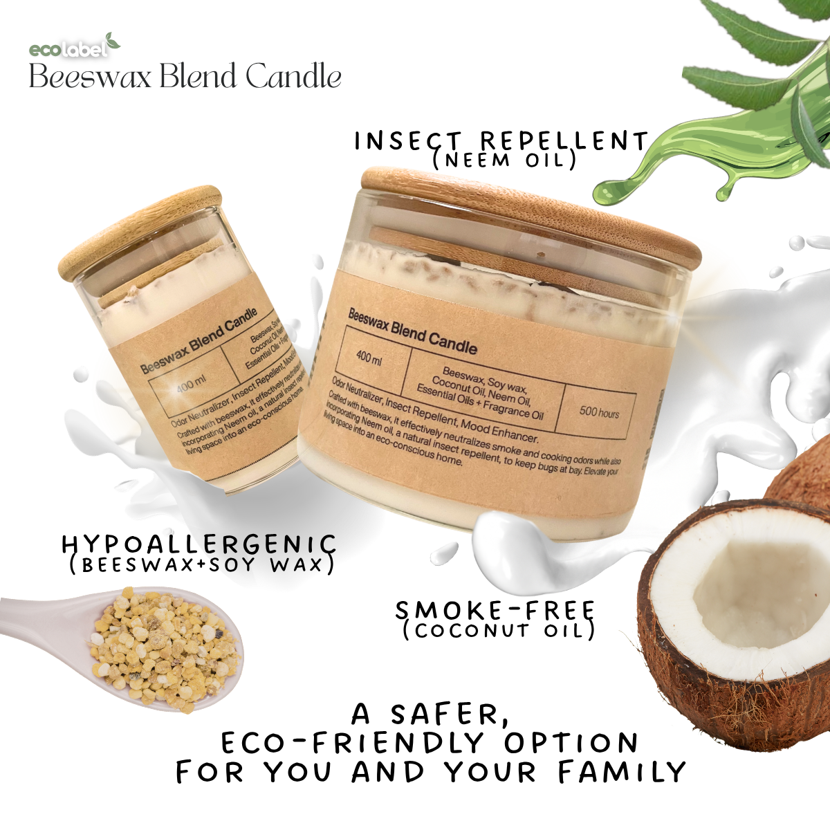 Natural Beeswax Blend 3-Wick Candle Beeswax + Soy wax Coconut Oil, Neem Oil, & Essential Oils