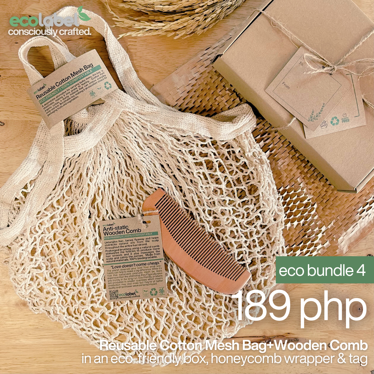 Eco Gift Bundle 4 | Reusable Cotton Mesh Bag  + Anti-static Wooden Comb + eco-friendly box, honeycomb wrapper and gift tag