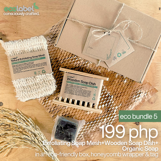 Eco Gift Bundle 5 | Natural Exfoliating Soap Mesh  + Wooden Soap Dish +Organic Soap + eco-friendly box, honeycomb wrapper and gift tag