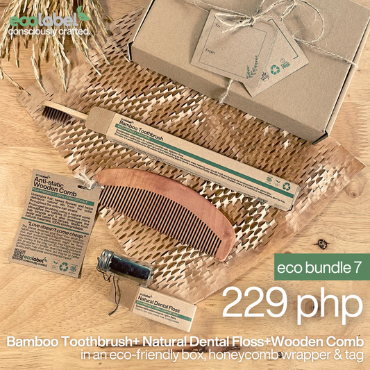 Eco Gift Bundle 7 | Bamboo Toothbrush  + Natural Dental Floss + Anti-static Wooden Comb + eco-friendly box, honeycomb wrapper and gift tag