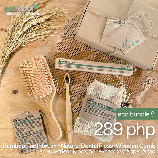 Eco Gift Bundle 8 | Bamboo Toothbrush  + Natural Exfoliating Soap Mesh + Bamboo Hair Brush + eco-friendly box, honeycomb wrapper and gift tag