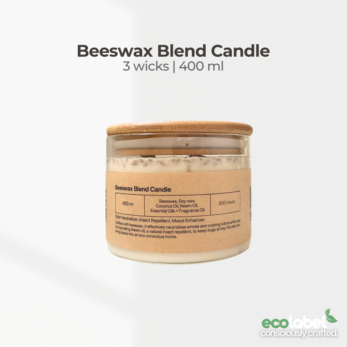 Natural Beeswax Blend 3-Wick Candle Beeswax + Soy wax Coconut Oil, Neem Oil, & Essential Oils