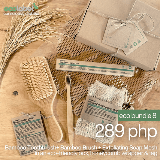 Eco Gift Bundle 8 | Bamboo Toothbrush  + Natural Exfoliating Soap Mesh + Bamboo Hair Brush + eco-friendly box, honeycomb wrapper and gift tag